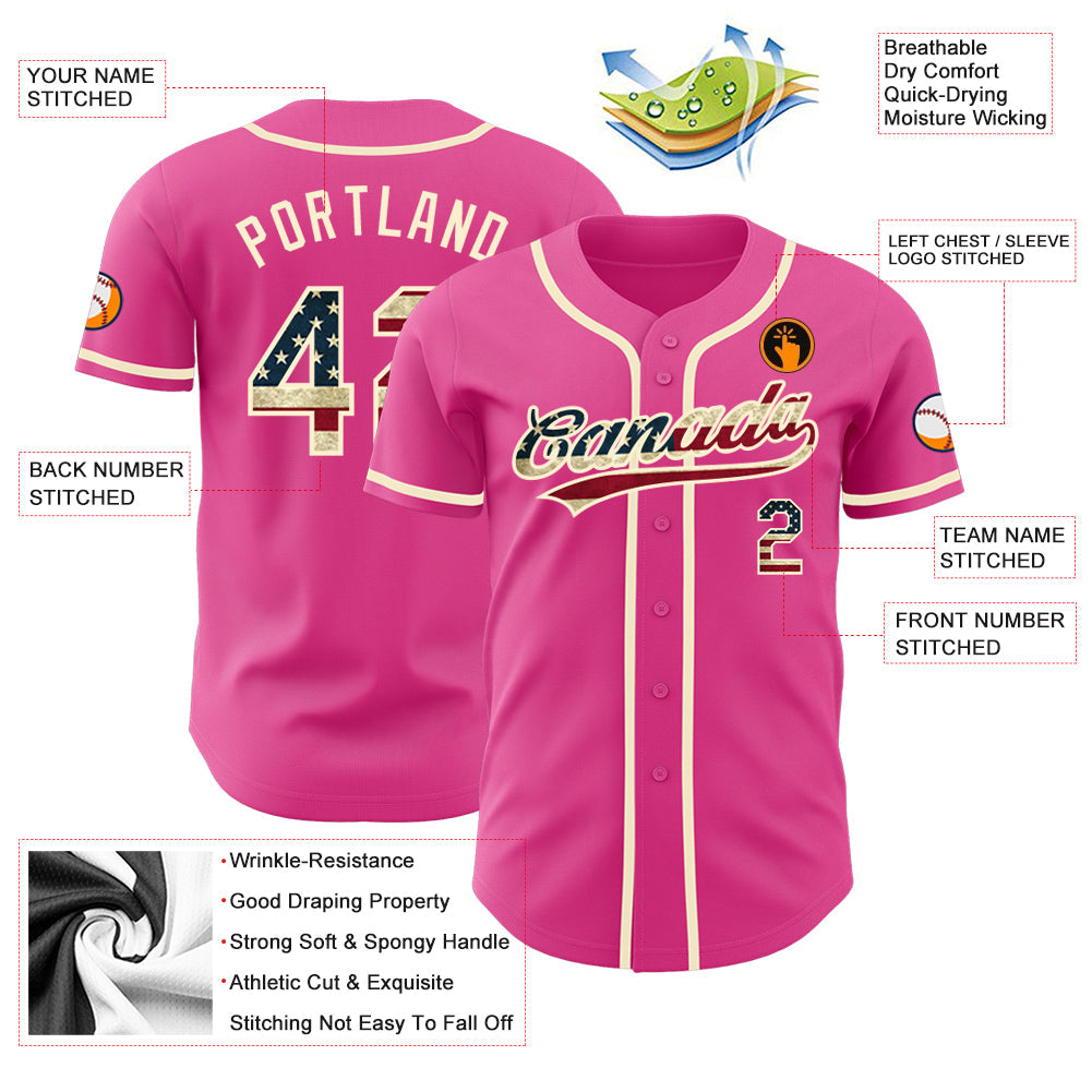 Custom Pink Vintage USA Flag-Cream Authentic Baseball Jersey - Sky-Custom
