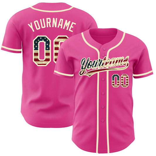 Custom Pink Vintage USA Flag-Cream Authentic Baseball Jersey - Sky-Custom