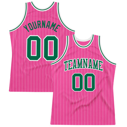 Custom Pink White Pinstripe Kelly Green-White Authentic Basketball Jersey - Sky-Custom