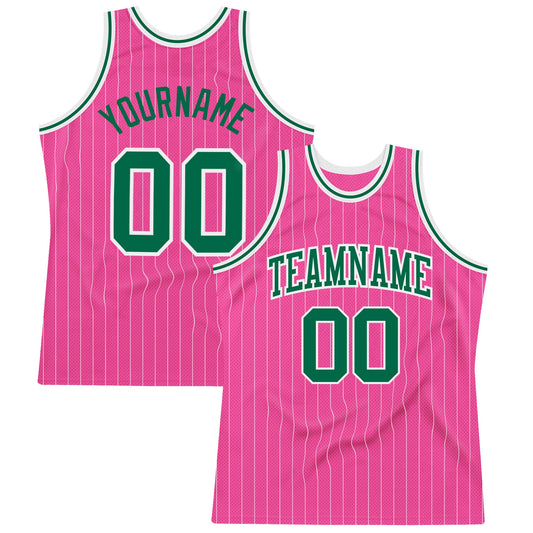 Custom Pink White Pinstripe Kelly Green-White Authentic Basketball Jersey - Sky-Custom