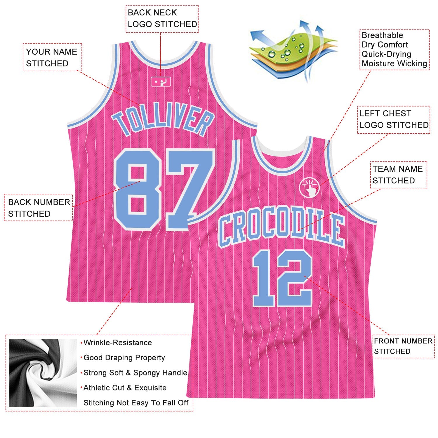 Custom Pink White Pinstripe Light Blue-White Authentic Basketball Jersey - Sky-Custom