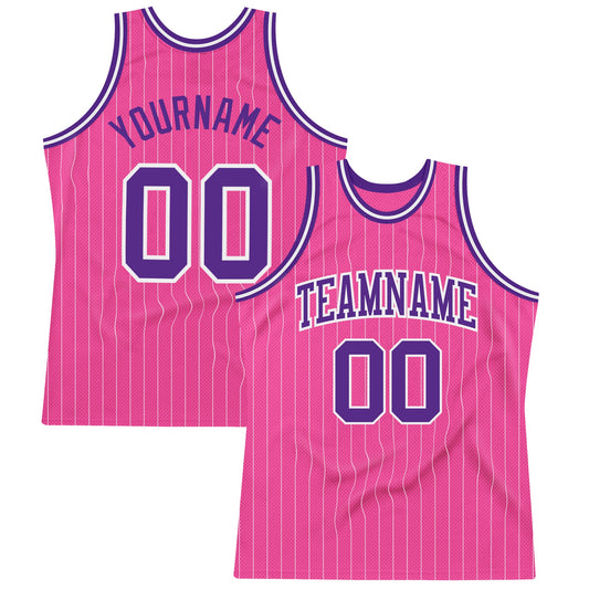 Custom Pink White Pinstripe Purple-White Authentic Basketball Jersey - Sky-Custom