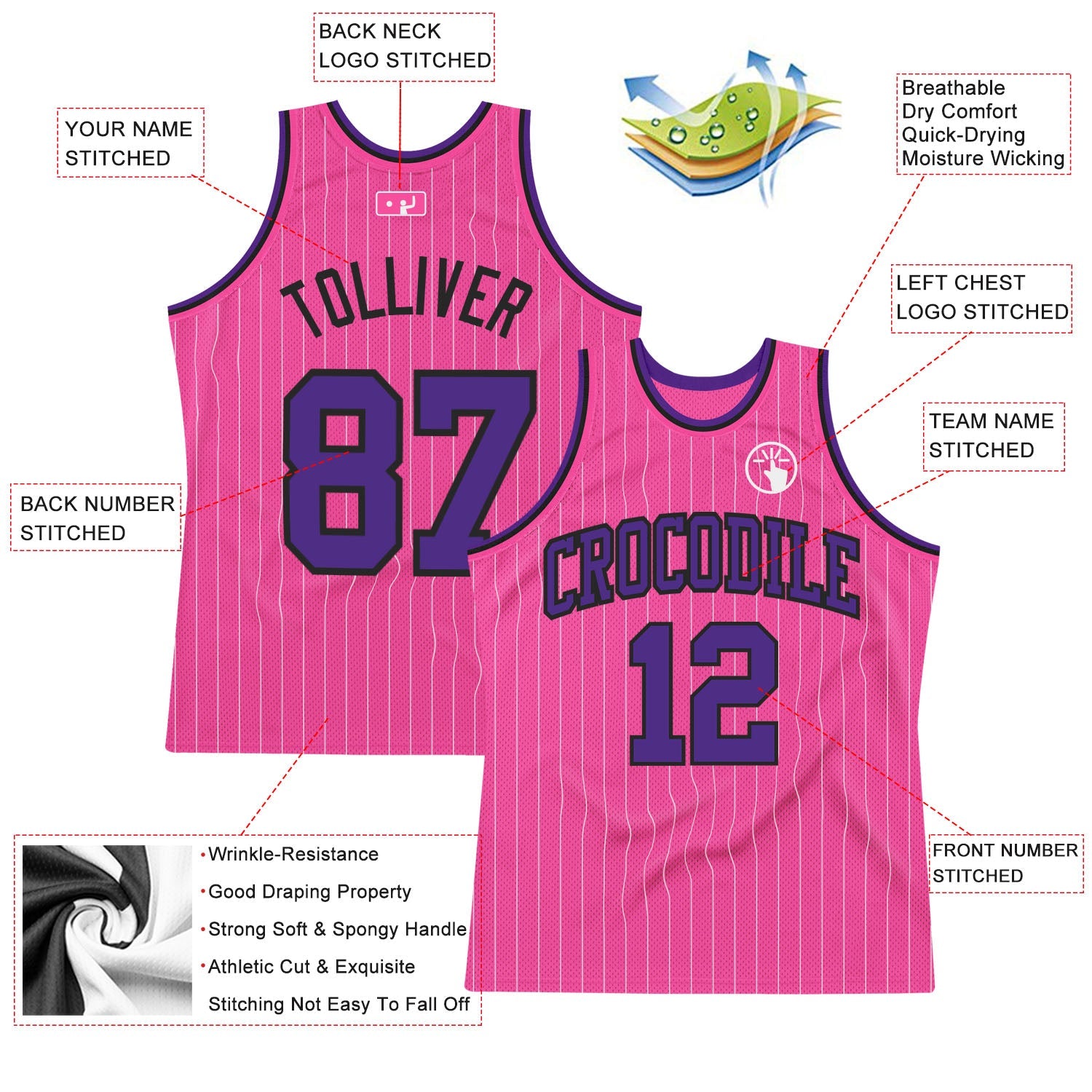 Custom Pink White Pinstripe Purple-Black Authentic Basketball Jersey - Sky-Custom
