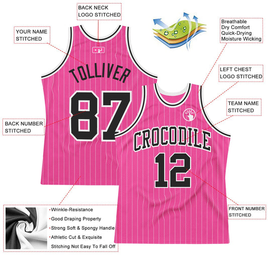 Custom Pink White Pinstripe Black-White Authentic Basketball Jersey - Sky-Custom