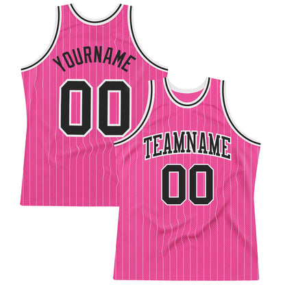 Custom Pink White Pinstripe Black-White Authentic Basketball Jersey - Sky-Custom