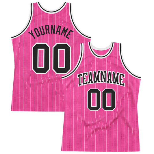 Custom Pink White Pinstripe Black-White Authentic Basketball Jersey - Sky-Custom