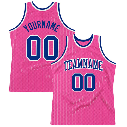 Custom Pink White Pinstripe Royal-White Authentic Basketball Jersey - Sky-Custom