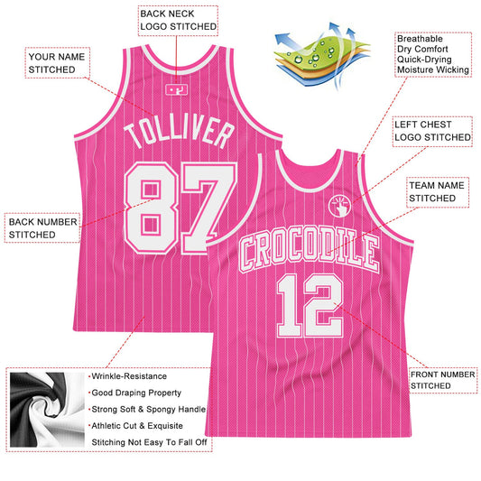 Custom Pink White Pinstripe White-Pink Authentic Basketball Jersey - Sky-Custom