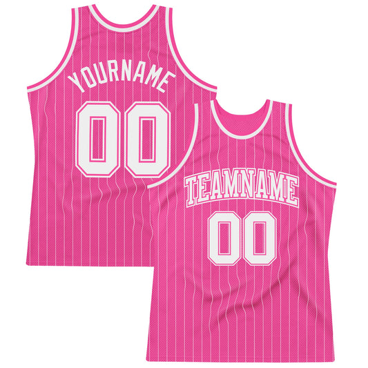 Custom Pink White Pinstripe White-Pink Authentic Basketball Jersey - Sky-Custom