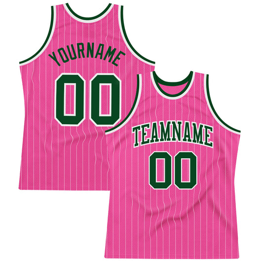 Custom Pink White Pinstripe Green-White Authentic Basketball Jersey - Sky-Custom