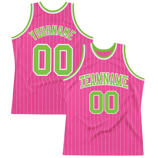 Custom Pink White Pinstripe Neon Green-White Authentic Basketball Jersey - Sky-Custom