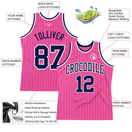 Custom Pink White Pinstripe Navy-White Authentic Basketball Jersey - Sky-Custom