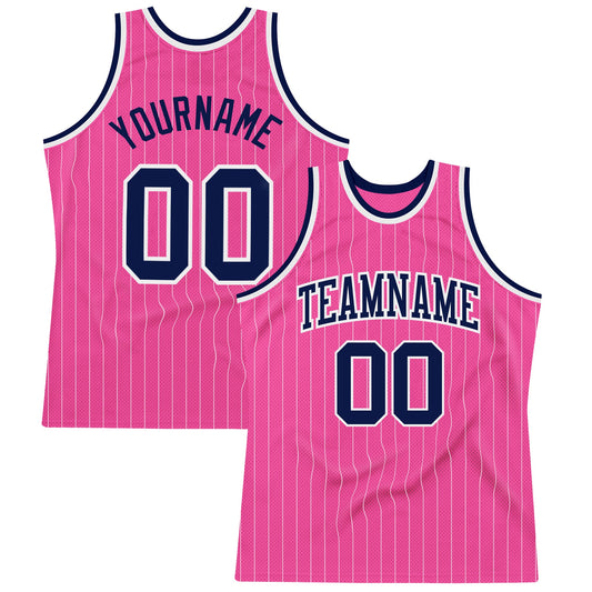 Custom Pink White Pinstripe Navy-White Authentic Basketball Jersey - Sky-Custom