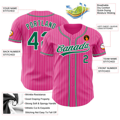 Custom Pink White Pinstripe Kelly Green Authentic Baseball Jersey - Sky-Custom