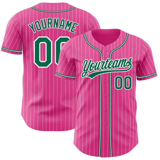 Custom Pink White Pinstripe Kelly Green Authentic Baseball Jersey - Sky-Custom