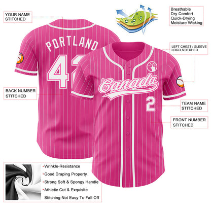 Custom Pink White Pinstripe White Authentic Baseball Jersey - Sky-Custom