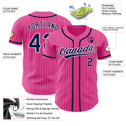 Custom Pink White Pinstripe Navy Authentic Baseball Jersey - Sky-Custom