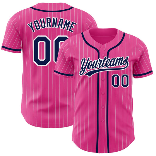 Custom Pink White Pinstripe Navy Authentic Baseball Jersey - Sky-Custom