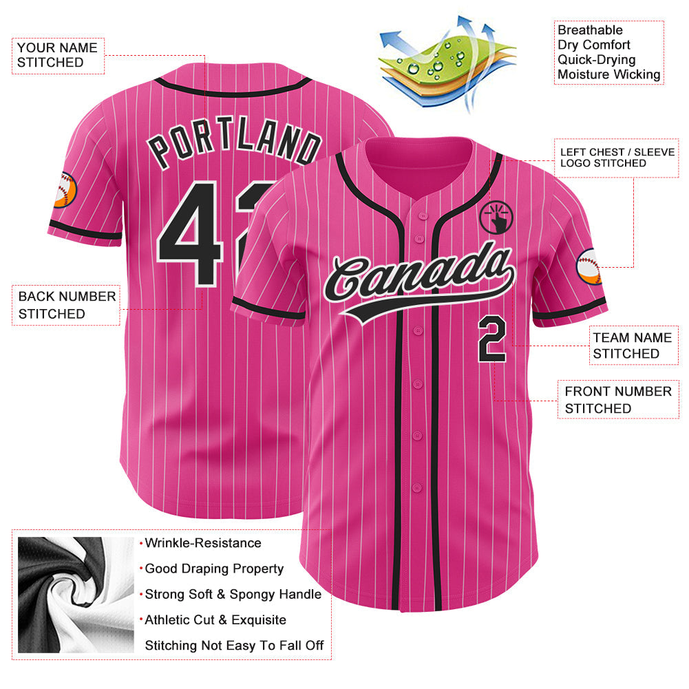 Custom Pink White Pinstripe Black Authentic Baseball Jersey - Sky-Custom