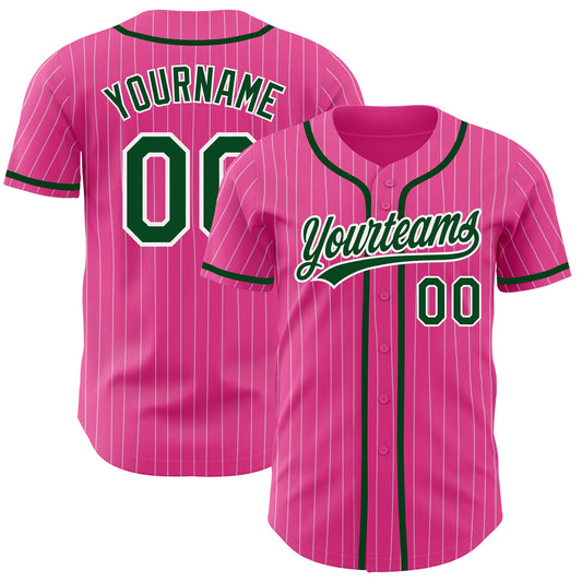 Custom Pink White Pinstripe Green Authentic Baseball Jersey - Sky-Custom