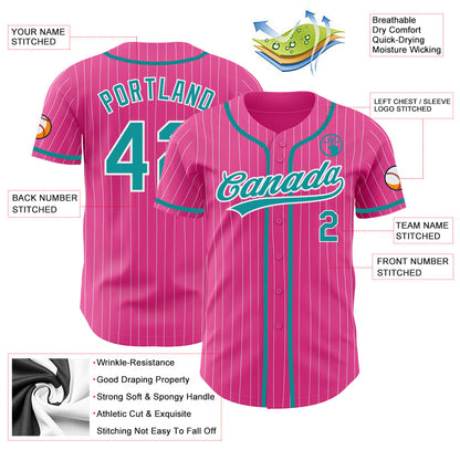 Custom Pink White Pinstripe Teal Authentic Baseball Jersey - Sky-Custom