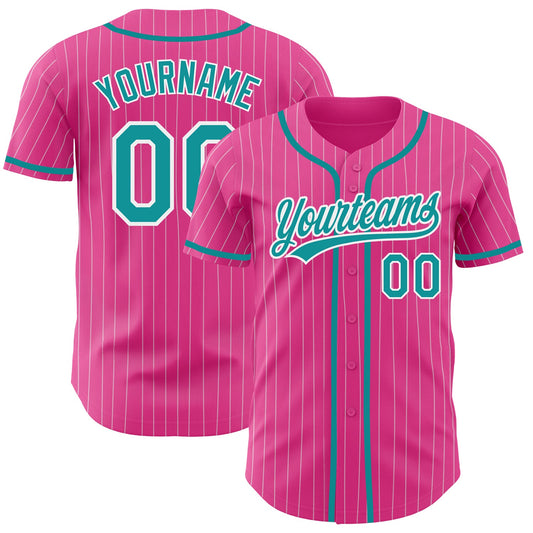 Custom Pink White Pinstripe Teal Authentic Baseball Jersey - Sky-Custom