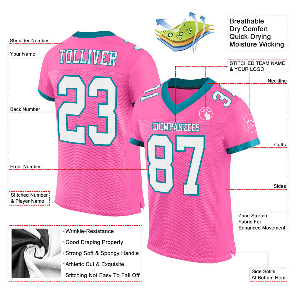 Custom Pink White-Teal Mesh Authentic Football Jersey - Sky-Custom