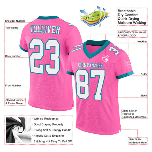 Custom Pink White-Teal Mesh Authentic Football Jersey - Sky-Custom