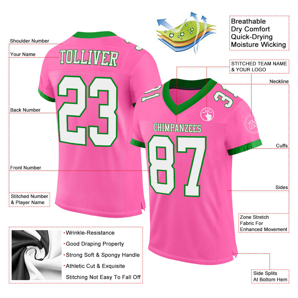 Custom Pink White-Grass Green Mesh Authentic Football Jersey - Sky-Custom