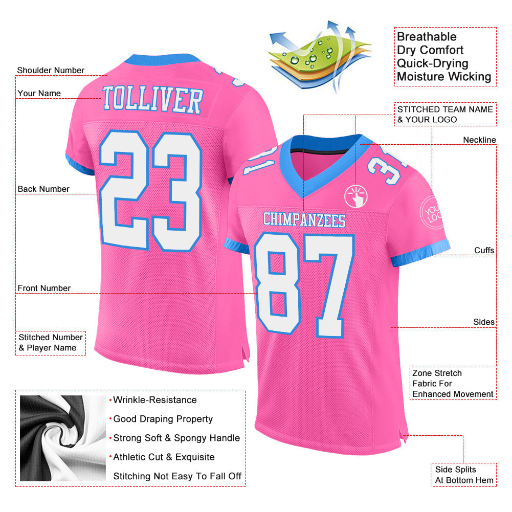 Custom Pink White-Powder Blue Mesh Authentic Football Jersey - Sky-Custom