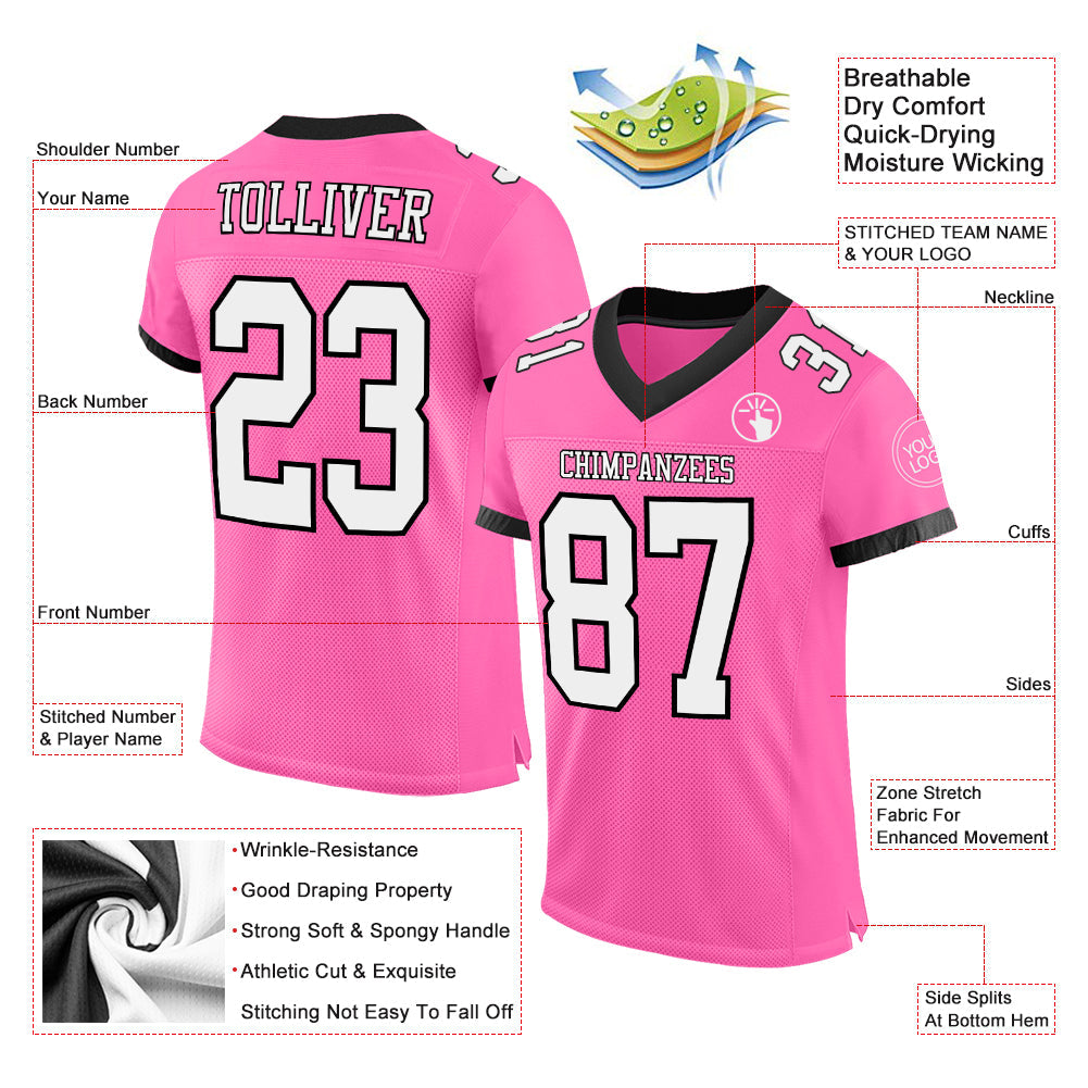 Custom Pink White-Black Mesh Authentic Football Jersey - Sky-Custom