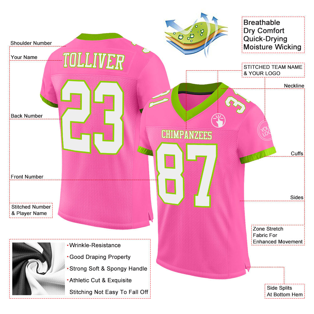 Custom Pink White-Neon Green Mesh Authentic Football Jersey - Sky-Custom
