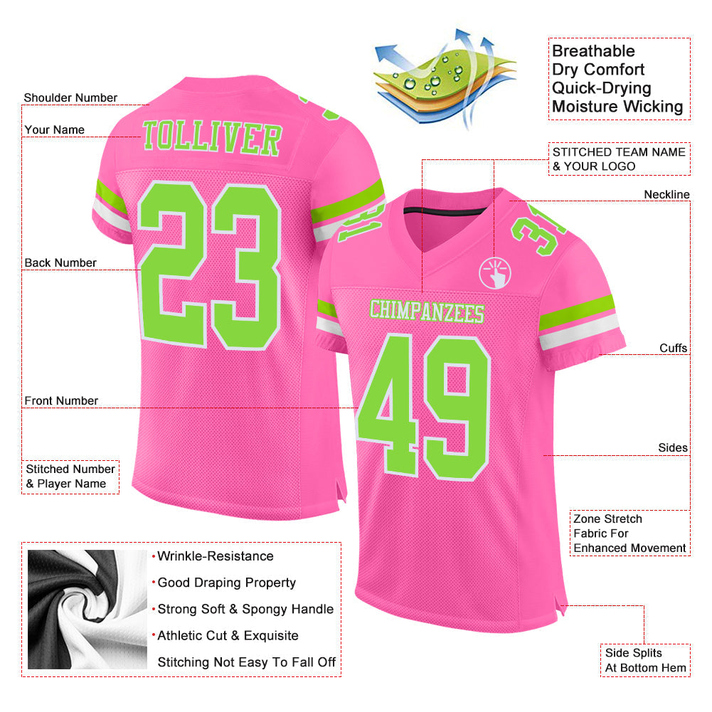 Custom Pink Neon Green-White Mesh Authentic Football Jersey - Sky-Custom