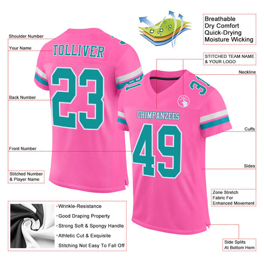 Custom Pink Teal-White Mesh Authentic Football Jersey - Sky-Custom