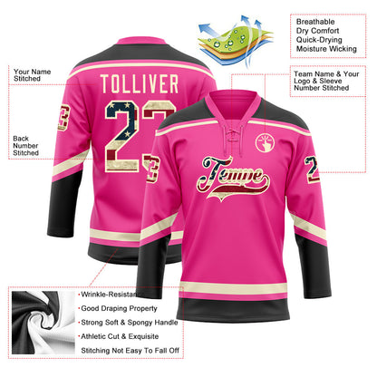 Custom Pink Vintage USA Flag Black-Cream Hockey Lace Neck Jersey - Sky-Custom