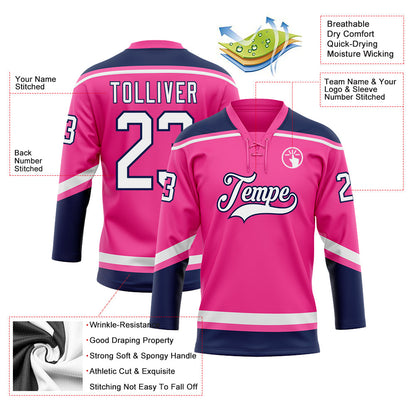 Custom Pink White-Navy Hockey Lace Neck Jersey - Sky-Custom