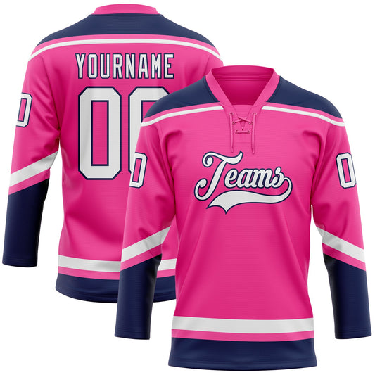 Custom Pink White-Navy Hockey Lace Neck Jersey - Sky-Custom