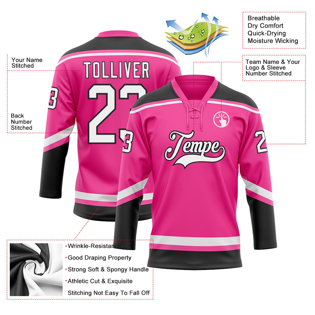 Custom Pink White-Black Hockey Lace Neck Jersey - Sky-Custom