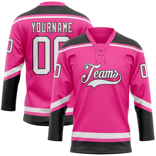 Custom Pink White-Black Hockey Lace Neck Jersey - Sky-Custom