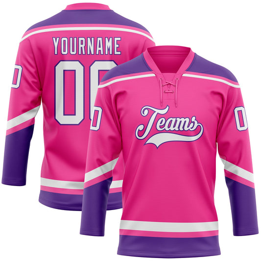 Custom Pink White-Purple Hockey Lace Neck Jersey - Sky-Custom