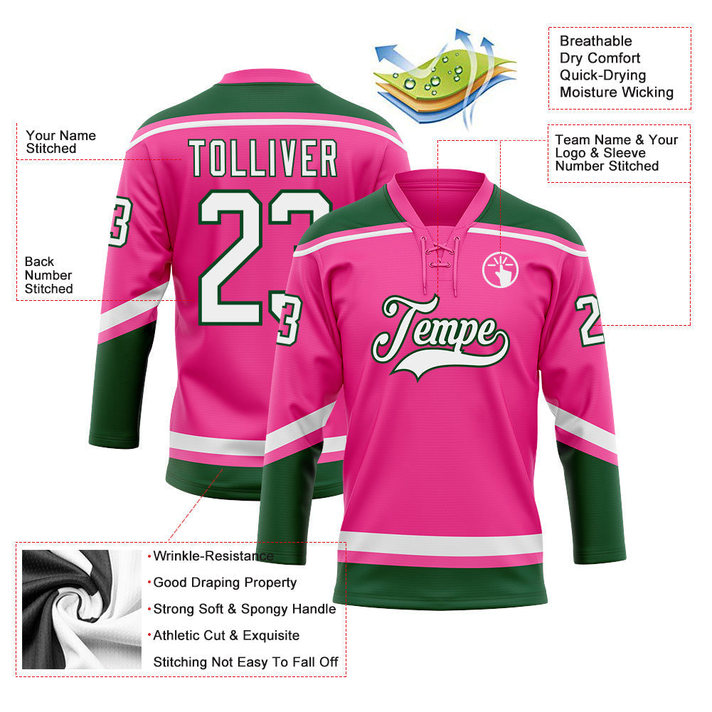 Custom Pink White-Green Hockey Lace Neck Jersey - Sky-Custom
