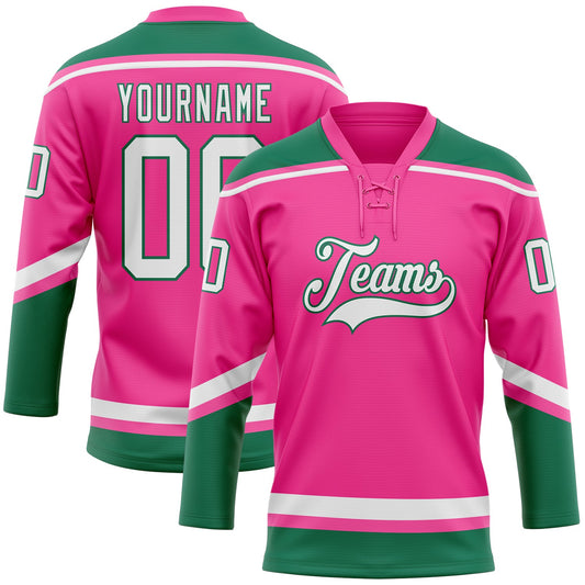 Custom Pink White-Kelly Green Hockey Lace Neck Jersey - Sky-Custom