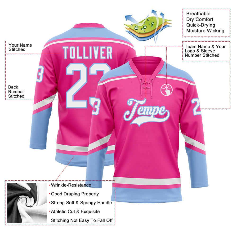 Custom Pink White-Light Blue Hockey Lace Neck Jersey - Sky-Custom