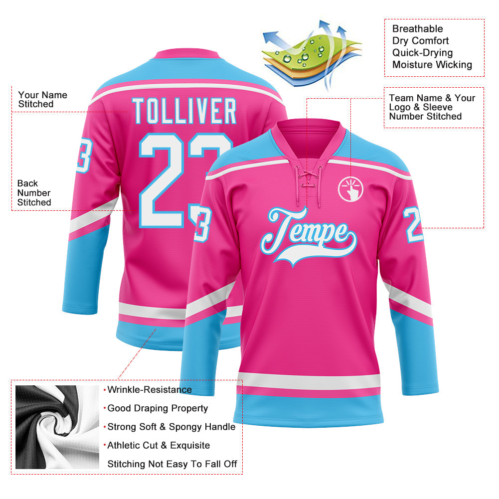 Custom Pink White-Sky Blue Hockey Lace Neck Jersey - Sky-Custom
