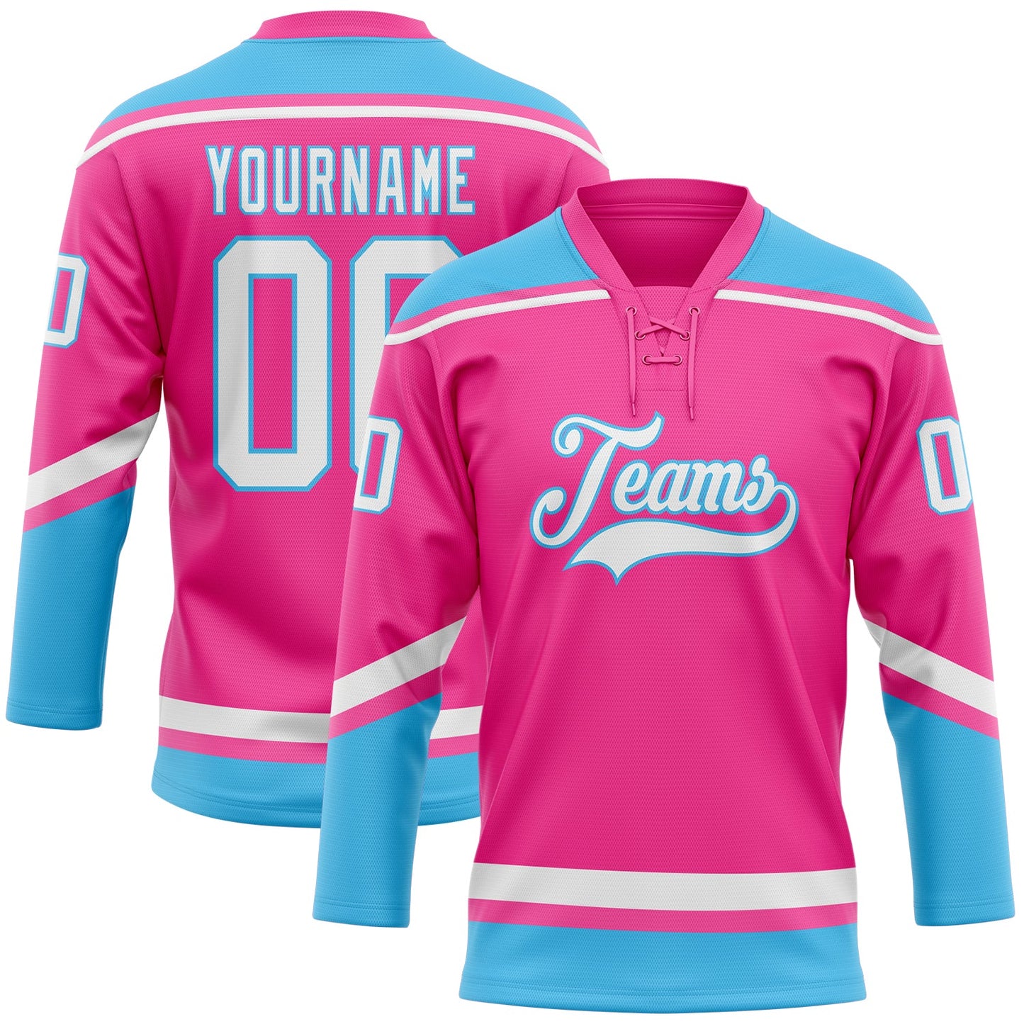 Custom Pink White-Sky Blue Hockey Lace Neck Jersey - Sky-Custom