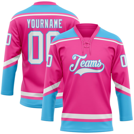 Custom Pink White-Sky Blue Hockey Lace Neck Jersey - Sky-Custom