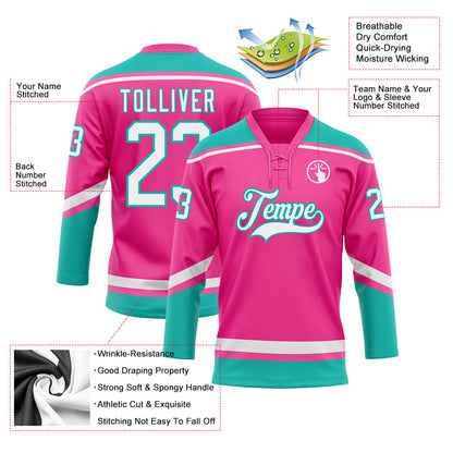 Custom Pink White-Aqua Hockey Lace Neck Jersey - Sky-Custom