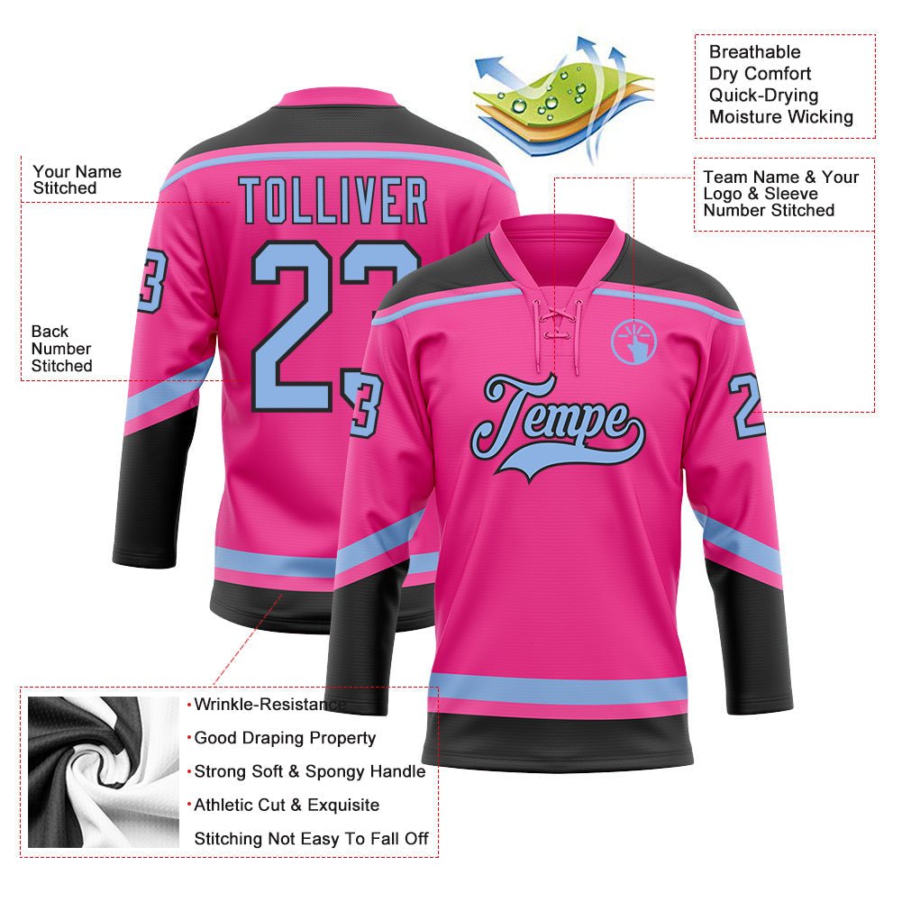 Custom Pink Light Blue-Black Hockey Lace Neck Jersey - Sky-Custom