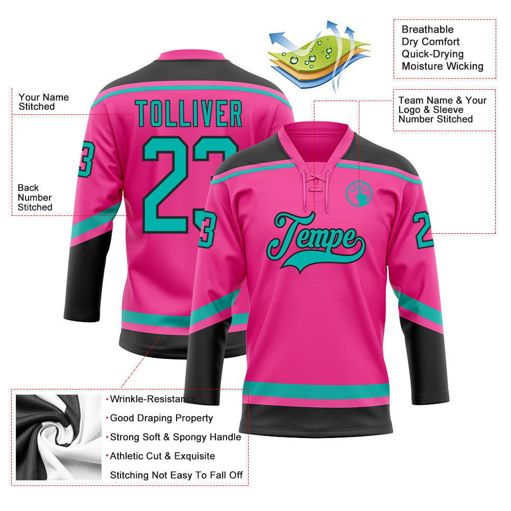 Custom Pink Aqua-Black Hockey Lace Neck Jersey - Sky-Custom