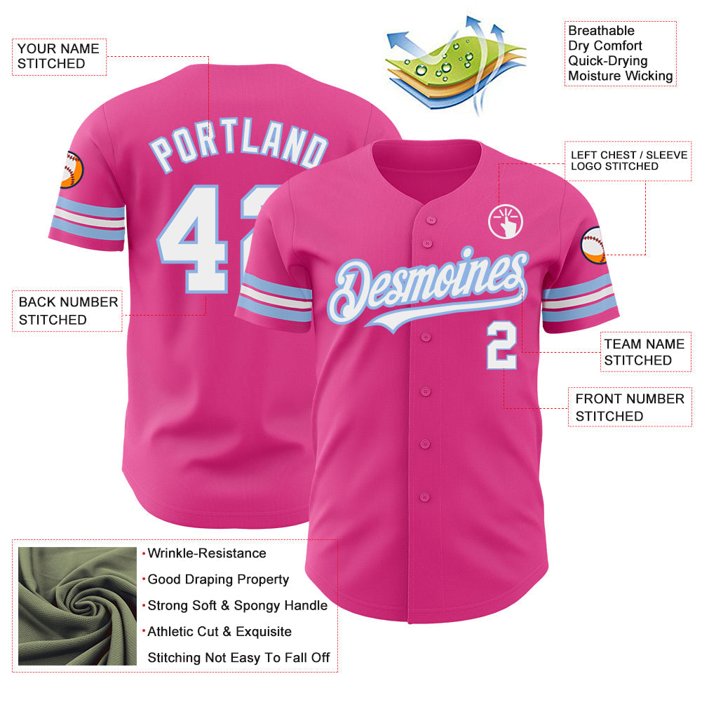 Custom Pink White-Light Blue Authentic Baseball Jersey - Sky-Custom